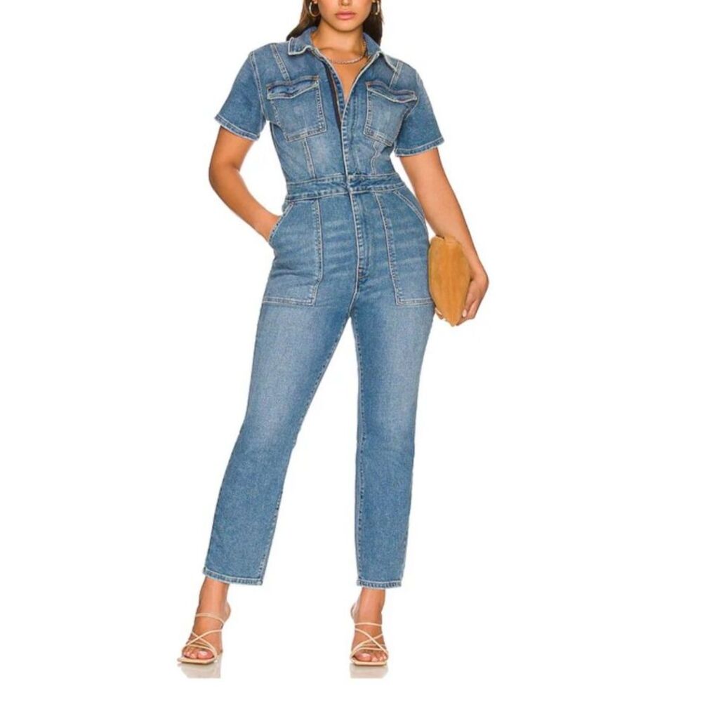 Good American Fit For Success Jumpsuit Blue Denim Short Sleeve Utility Size 2